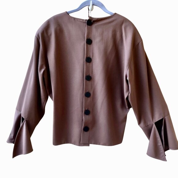 Krizia Italy Vintage Brown WOOL Lined Top Flounce Cuffs Button up Back - Picture 7 of 13